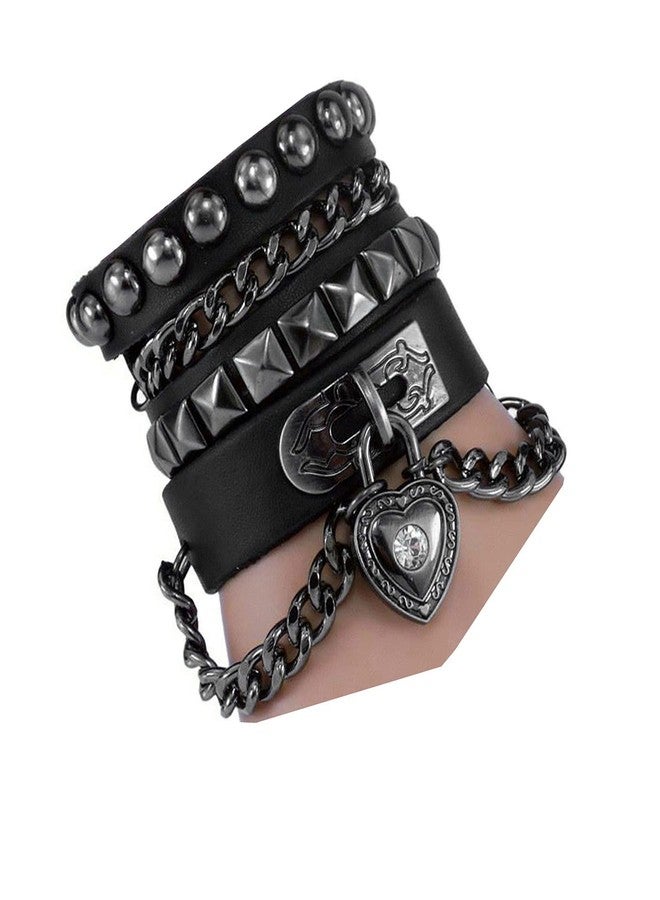 Perfect 4U Rivet Bracelet Multilayer Black Leather Cuff Heart Pendant Bangle Studded Chain Wrist Punk Sports Rock Bracelet Adjustable (Black Heart) - Image 1