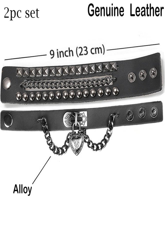 Perfect 4U Rivet Bracelet Multilayer Black Leather Cuff Heart Pendant Bangle Studded Chain Wrist Punk Sports Rock Bracelet Adjustable (Black Heart) - Image 4