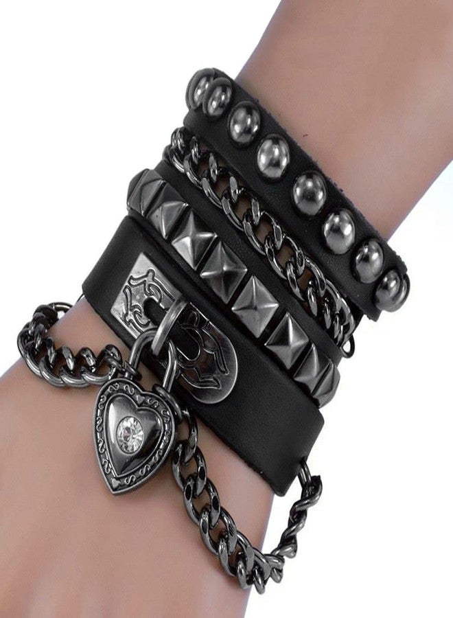 Perfect 4U Rivet Bracelet Multilayer Black Leather Cuff Heart Pendant Bangle Studded Chain Wrist Punk Sports Rock Bracelet Adjustable (Black Heart) - Image 2