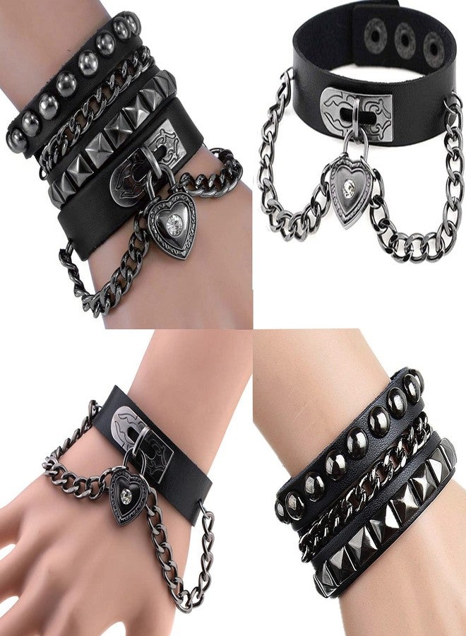 Perfect 4U Rivet Bracelet Multilayer Black Leather Cuff Heart Pendant Bangle Studded Chain Wrist Punk Sports Rock Bracelet Adjustable (Black Heart) - Image 3
