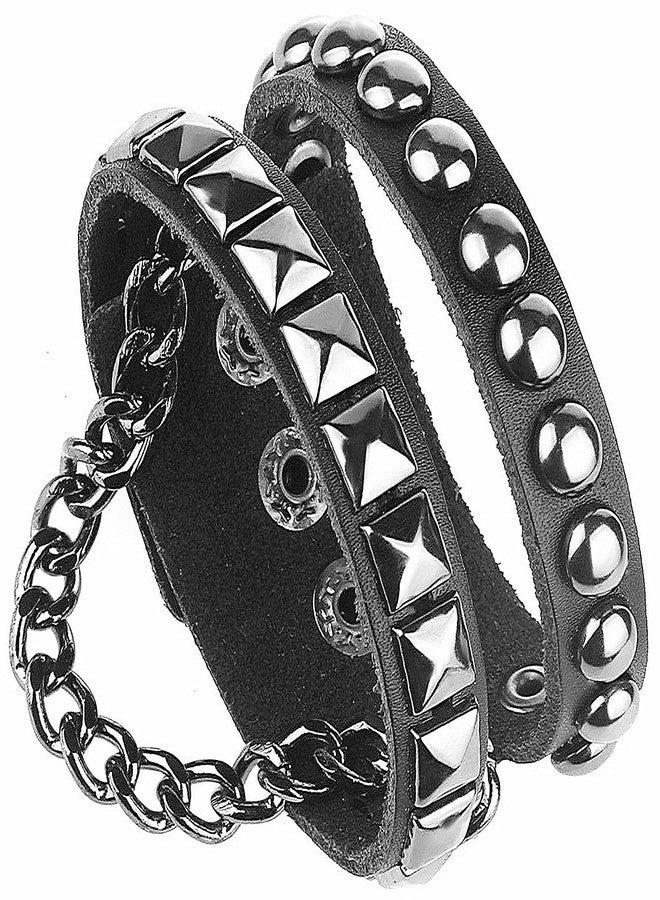 Perfect 4U Rivet Bracelet Multilayer Black Leather Cuff Heart Pendant Bangle Studded Chain Wrist Punk Sports Rock Bracelet Adjustable (Black Heart) - Image 5