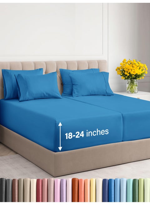 Extra Deep Split King Sheet Set - 7 Piece Breathable & Cooling Sheets - Hotel Luxury Bed Sheets Set - Easy Fit - Soft  Wrinkle Free & Comfy Sheets Set - Denim Blue Sheet Set with Extra Deep Pockets