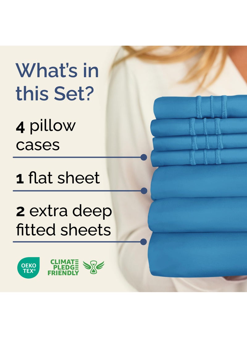 Extra Deep Split King Sheet Set - 7 Piece Breathable & Cooling Sheets - Hotel Luxury Bed Sheets Set - Easy Fit - Soft  Wrinkle Free & Comfy Sheets Set - Denim Blue Sheet Set with Extra Deep Pockets