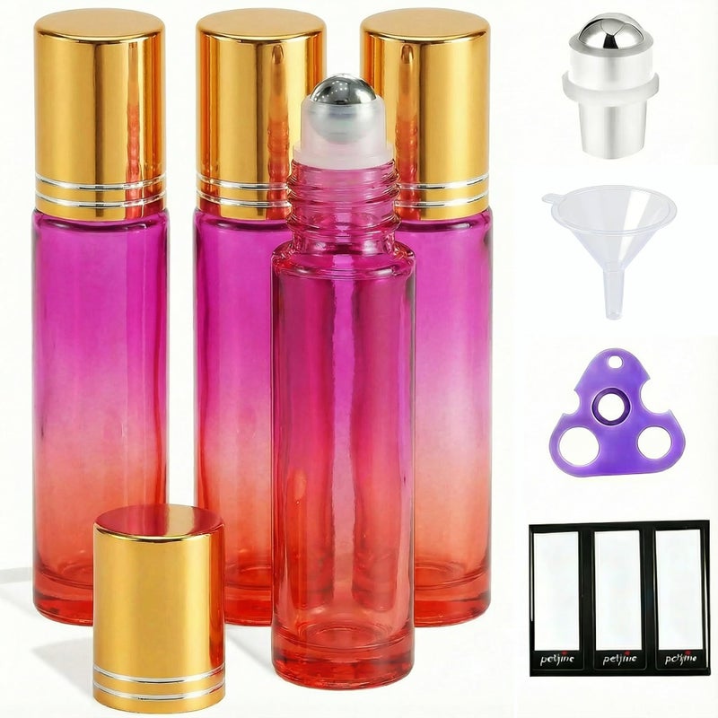 PrettyCare 4 Pack 10 ml Essential Oil Roller Bottles with Stainless Steel Roller Ball Refillable Leakproof Empty Thick Red Purple Glass Roll on Bottles with Golden Caps for Travel Perfume - Image 3