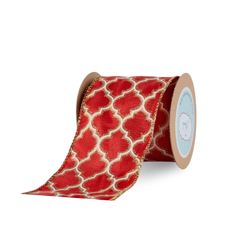 Meraki Cards Meraki Cards Gold Geometric Quatrefoil Grosgrain Ribbon Elegant Glittering Pattern on Red Background for Wedding Dcor Gift Wrapping Luxurious Ribbon for Special Events Red OffWhite63mm5 Yards