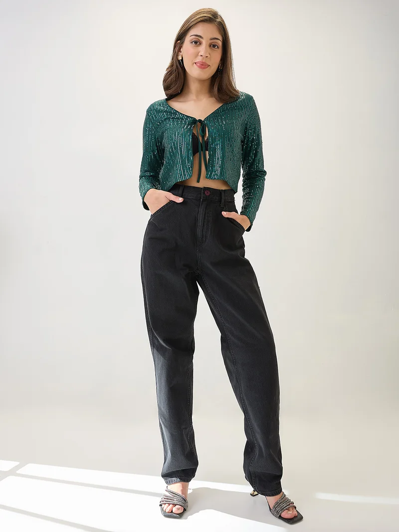 globus Women Embellished Tie-Up Neck Long Sleeves Cropped Party Shrug