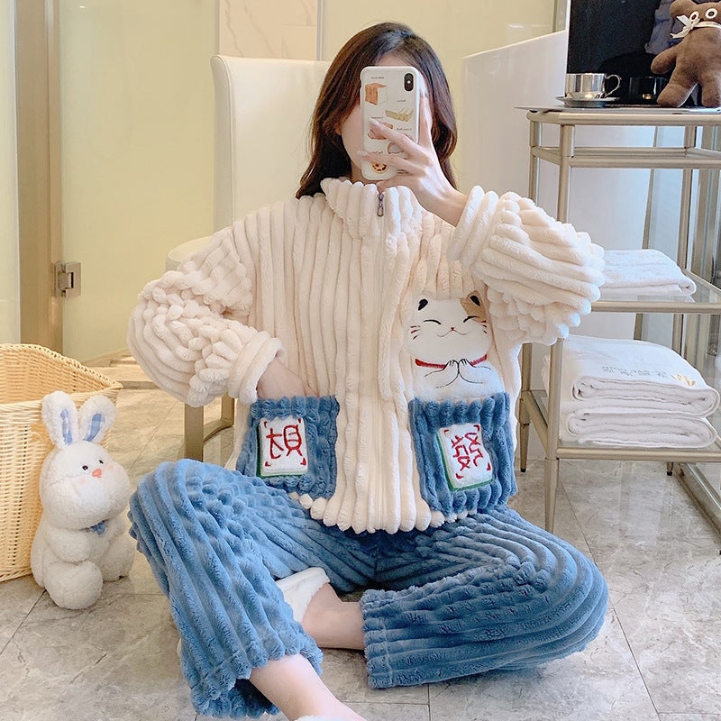 Autumn and winter flannel strip cute sweet coral velvet thick plus fat increase 220kg fat MM can wear home clothes - Image 1