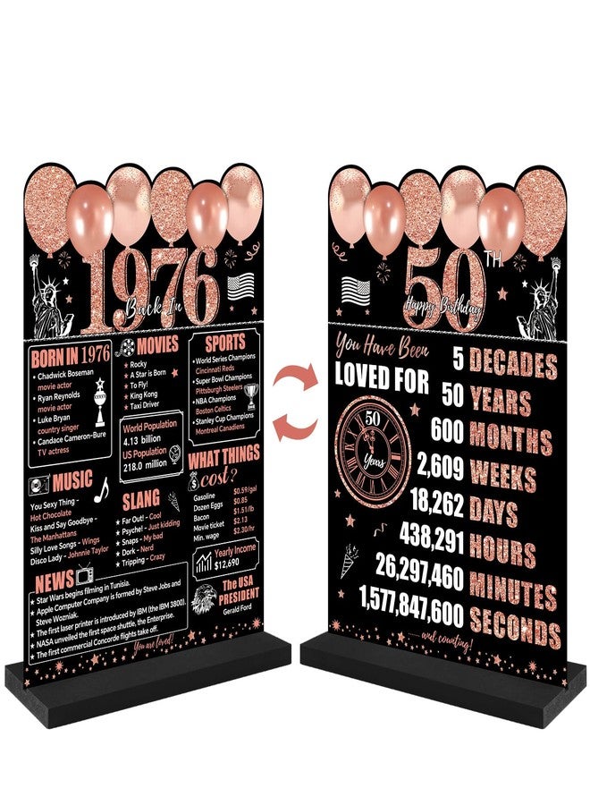 Guiruiy Rose Gold 50th Birthday Decorations for Men Women, Two-Sided Vintage 50 Back in 1975 Theme Poster Wooden Table Sign with Stand, Fifty Years Old Bday Centerpieces Display Holder for Table Decor - Image 1