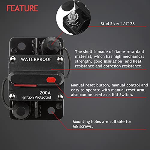 Hamolar 3 Pack 200 Amp Circuit Breaker Manual Reset Wire Lugs Copper Washer for Car Marine Trolling Motors Boat ATV Manual Power Protect for Audio System Fuse, 12V-48VDC - Image 4