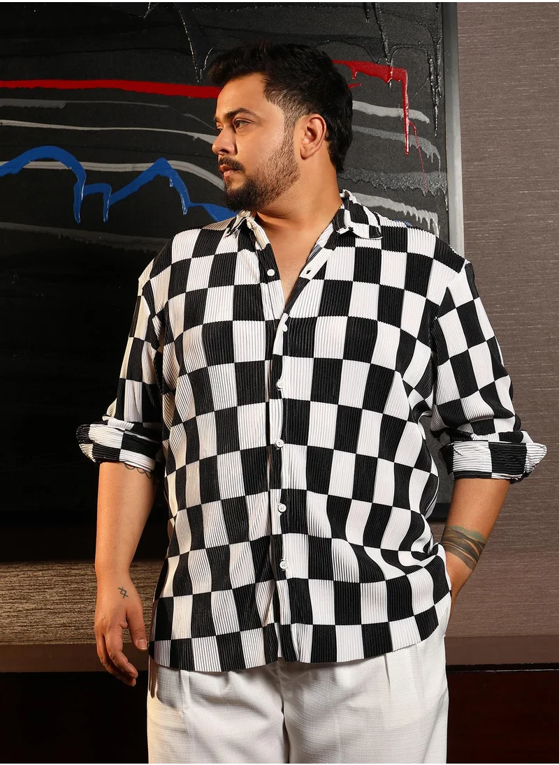 انستافاب بلس Instafab Plus Men's Black & White Pleated-Checker Shirt For Casual Wear | Spread Collar | Long Cuffed Sleeves | Button Closure | Plus Size Shirt Crafted With Comfort Fit For Everyday Wear