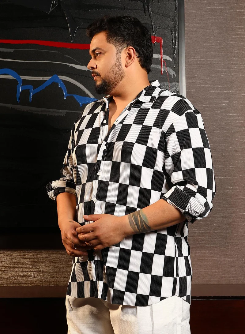 Instafab Plus Instafab Plus Men's Black & White Pleated-Checker Shirt For Casual Wear | Spread Collar | Long Cuffed Sleeves | Button Closure | Plus Size Shirt Crafted With Comfort Fit For Everyday Wear