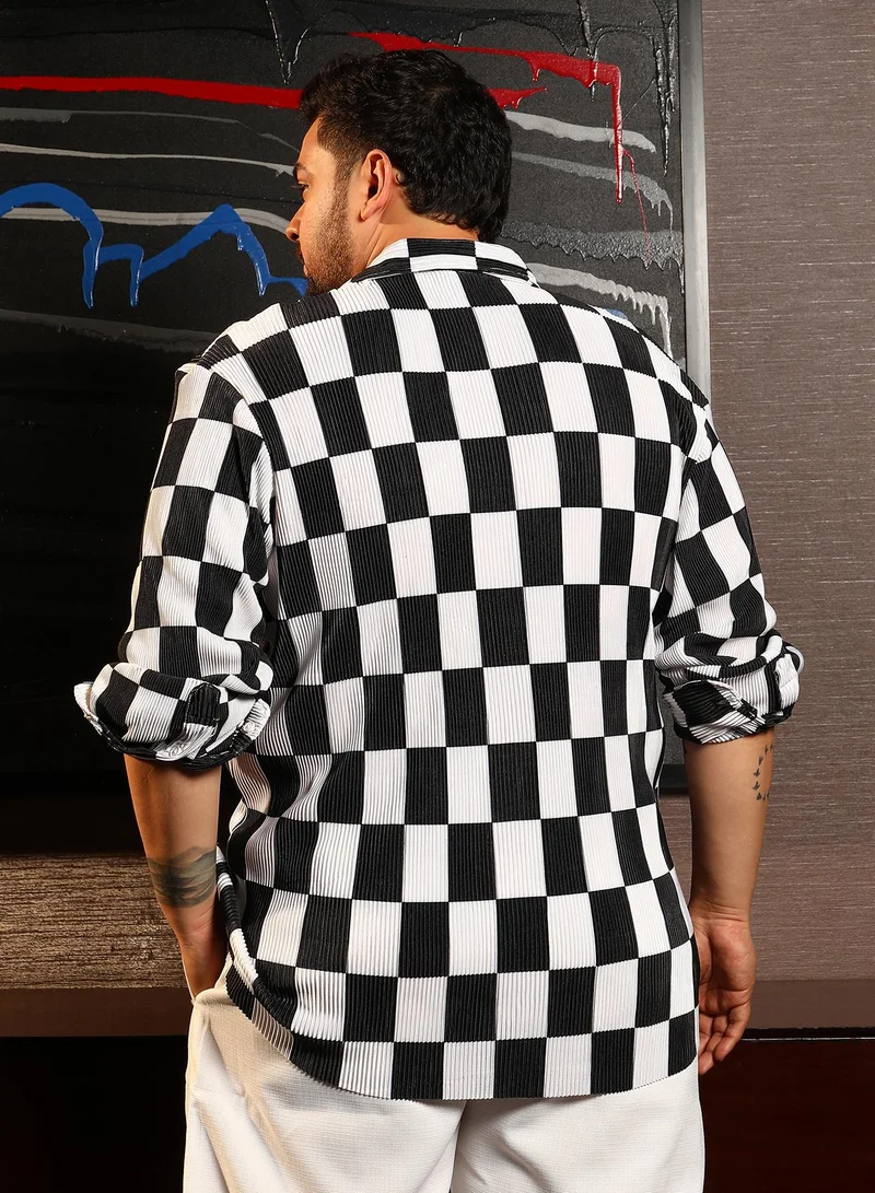 Instafab Plus Instafab Plus Men's Black & White Pleated-Checker Shirt For Casual Wear | Spread Collar | Long Cuffed Sleeves | Button Closure | Plus Size Shirt Crafted With Comfort Fit For Everyday Wear