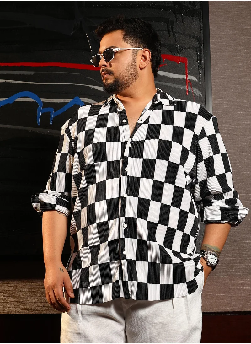 انستافاب بلس Instafab Plus Men's Black & White Pleated-Checker Shirt For Casual Wear | Spread Collar | Long Cuffed Sleeves | Button Closure | Plus Size Shirt Crafted With Comfort Fit For Everyday Wear