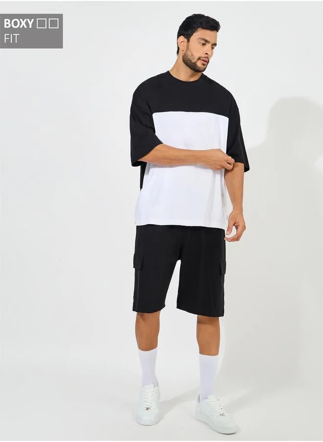 Styli Color Block Heavy Cotton Jersey T-Shirt & Cargo Shorts Co-Ords