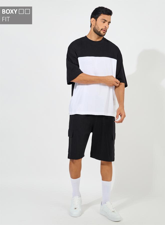 Styli Color Block Heavy Cotton Jersey T-Shirt & Cargo Shorts Co-Ords  - Image 1
