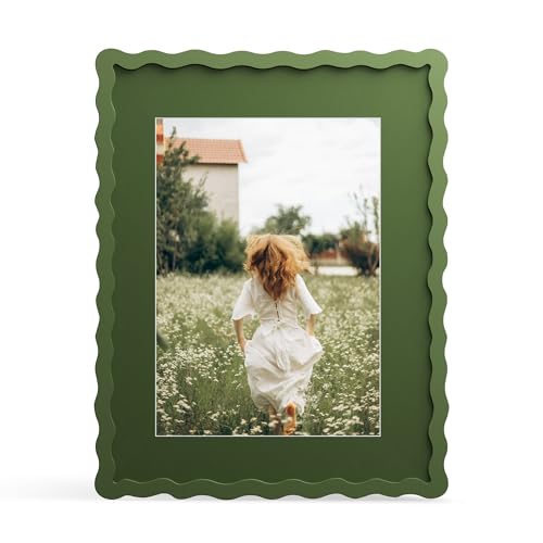 THKRLOF 11x14 Picture Frame with Mat for 8x10, Wavy Edge Wooden Real Glass Photo Frame for Wall Hanging, Green, 1 Pack - Image 1
