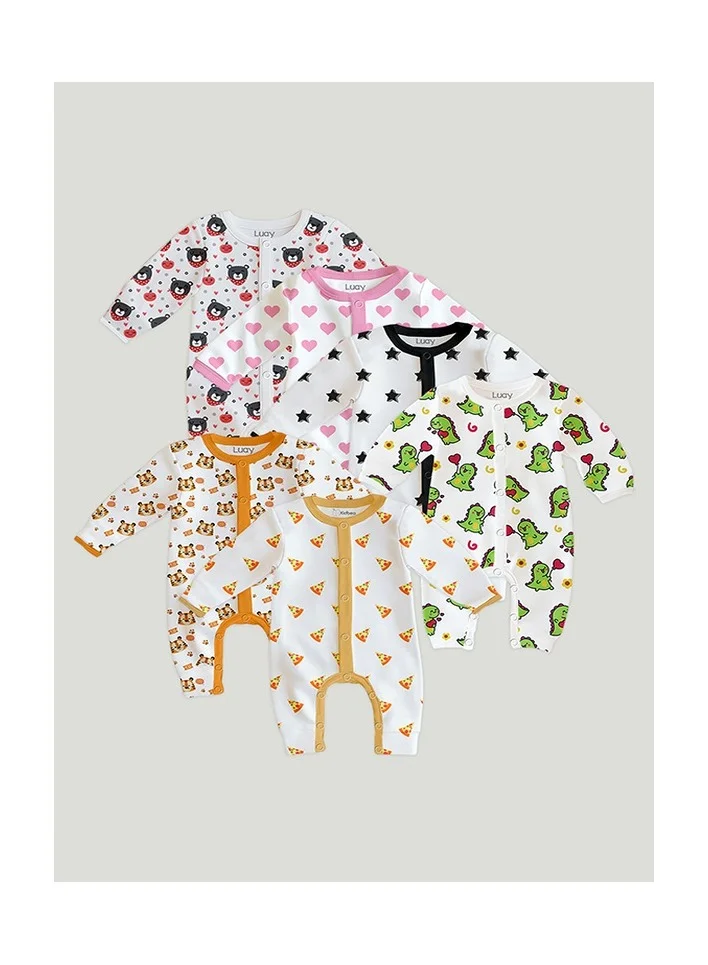 لؤي لوأي بدلة أطفال بطبعة بأكمام طويلة 100٪ قطن – بدلة جسم / جمبسوت للأطفال البنات والأولاد (عبوة من 6 قطع)