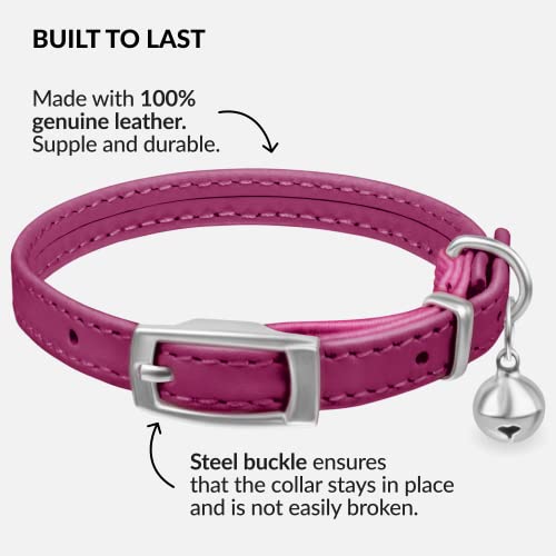 CollarDirect Leather Cat Collar with Bell - Kitten Collar, Small and Big Cat Strap for Boy Cats, Girl Cats with Safety Elastic Strap (Neck Fit 8"-11", Pink) - Image 2