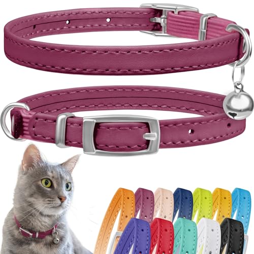 CollarDirect Leather Cat Collar with Bell - Kitten Collar, Small and Big Cat Strap for Boy Cats, Girl Cats with Safety Elastic Strap (Neck Fit 8"-11", Pink) - Image 1
