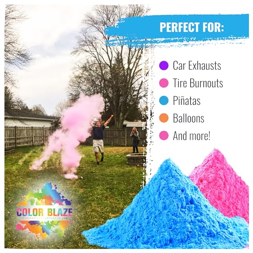 Color Blaze بودرة الكشف عن جنس الطفل كولور بليز - 1lb أزرق و1lb وردي - بودرة ملونة للولد أو البنت - للاحتراق في السيارات والدراجات النارية، ورمي الألوان، والتصوير الفوتوغرافي، والمهرجانات - عبوة من 2 أكياس بوزن 1 باوند - أزرق/وردي - Image 4