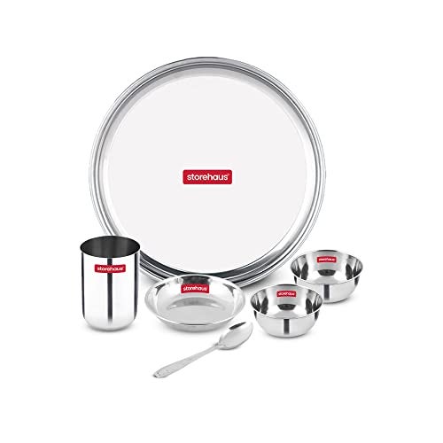 Storehaus 6 Pieces Smart Stainless Steel Dinnerware/Dinner Set - 1 Thali, 1 Halwa Plate, 2 Bowl, 1 Glass, 1 Spoon, Kitchen Set for Home, Restaurants, Family - Silver - Image 1