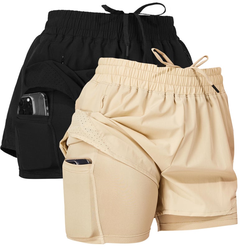 Ultra Performance Womens Running Gym Shorts Women Pack of 2, Nylon Compression Workout Shorts Women with Liner Black, Khaki - Image 1