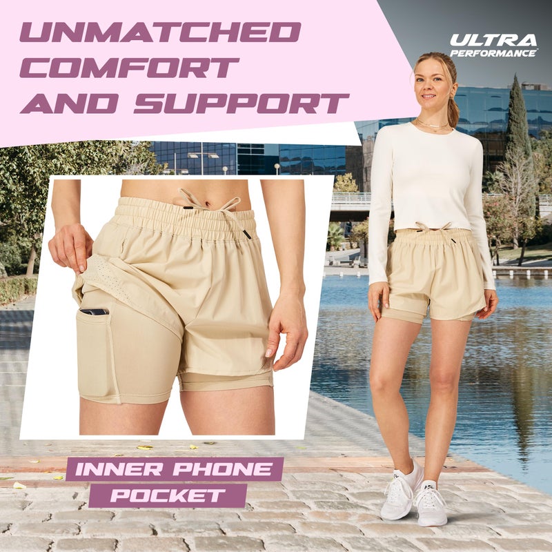 Ultra Performance Womens Running Gym Shorts Women Pack of 2, Nylon Compression Workout Shorts Women with Liner Black, Khaki - Image 3