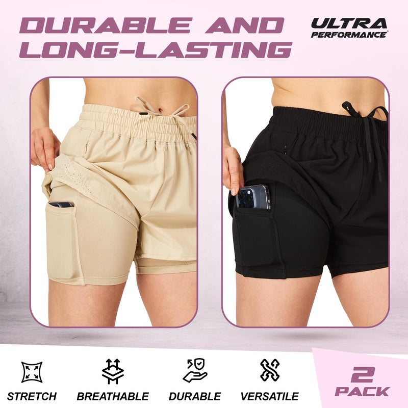 Ultra Performance Womens Running Gym Shorts Women Pack of 2, Nylon Compression Workout Shorts Women with Liner Black, Khaki - Image 5