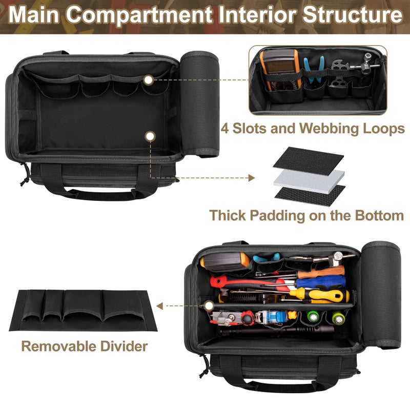 Rexmica 12-Inch Tool Bag with Anti-friction Bottom, Hand Tool Storage Organizer Bag for Men, Tactical Range Bag, Multi-purpose Work Tote for Repairman, Electrician, Carpenters, Handyman, Black - Image 2