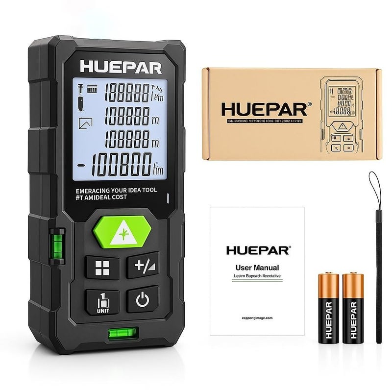 Tomahawk Huepar TTM-0050 Laser Distance Meter 50m RL THK | 164ft Range with Area, Volume, Pythagoras Measurement Laser Class 2 Water & Dustproof 4 Line LCD Display with Batteries & Hand Strap - Image 1