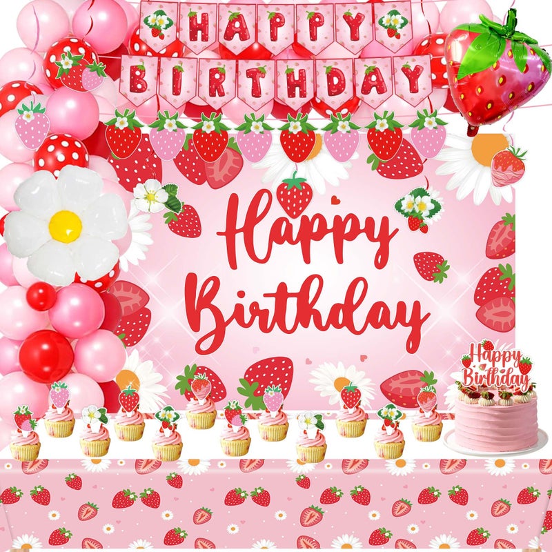 ZOYVUX Strawberry Birthday Decorations, Berry Party Decorations Including Balloon Arch, Backdrop, Hanging Swirls, Tablecloth, Banner, Cake Topper for Strawberry Themed Party - Image 1
