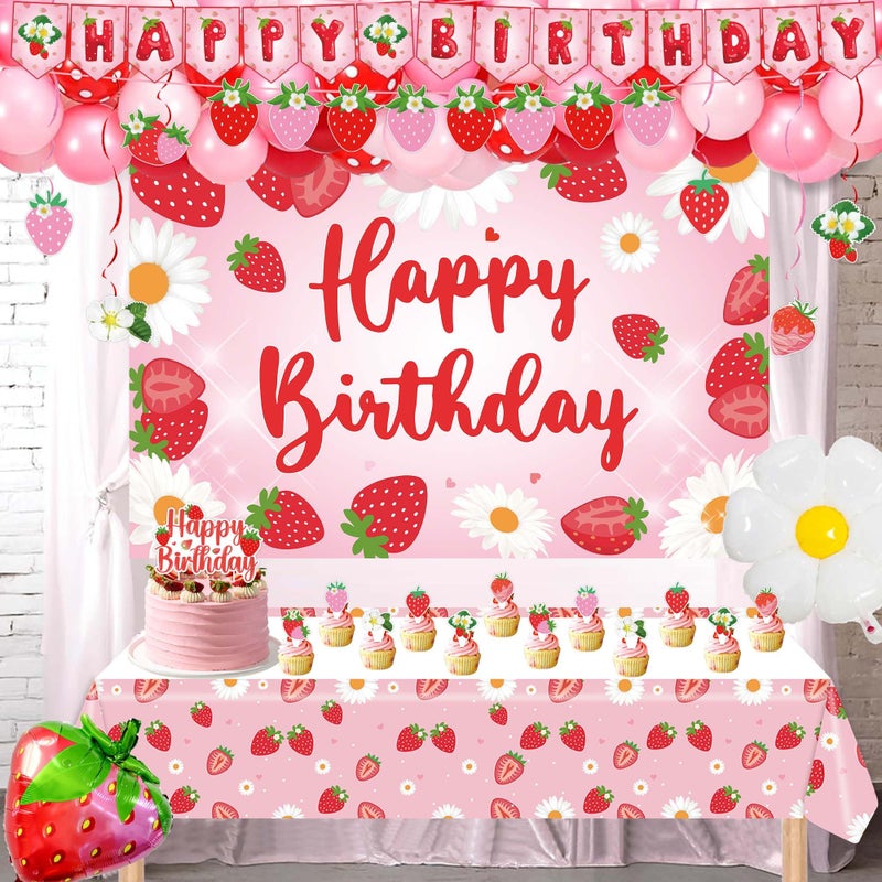 ZOYVUX Strawberry Birthday Decorations, Berry Party Decorations Including Balloon Arch, Backdrop, Hanging Swirls, Tablecloth, Banner, Cake Topper for Strawberry Themed Party - Image 5