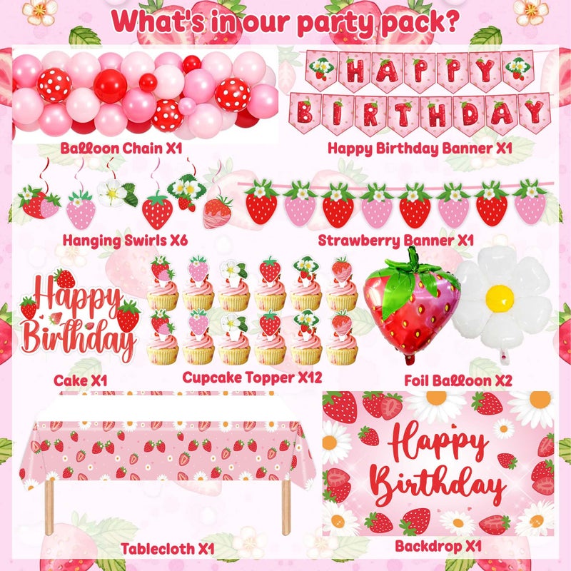 ZOYVUX Strawberry Birthday Decorations, Berry Party Decorations Including Balloon Arch, Backdrop, Hanging Swirls, Tablecloth, Banner, Cake Topper for Strawberry Themed Party - Image 2