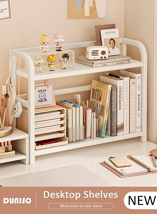DUNISO Desktop Shelves,2 Tier Desktop Bookshelf,Metal Frame Desktop Organizer Shelf,Desk Display Shelf Decor Office Rack Stationery Organizer Living Room Storage and Dormitory Use  - Image 1
