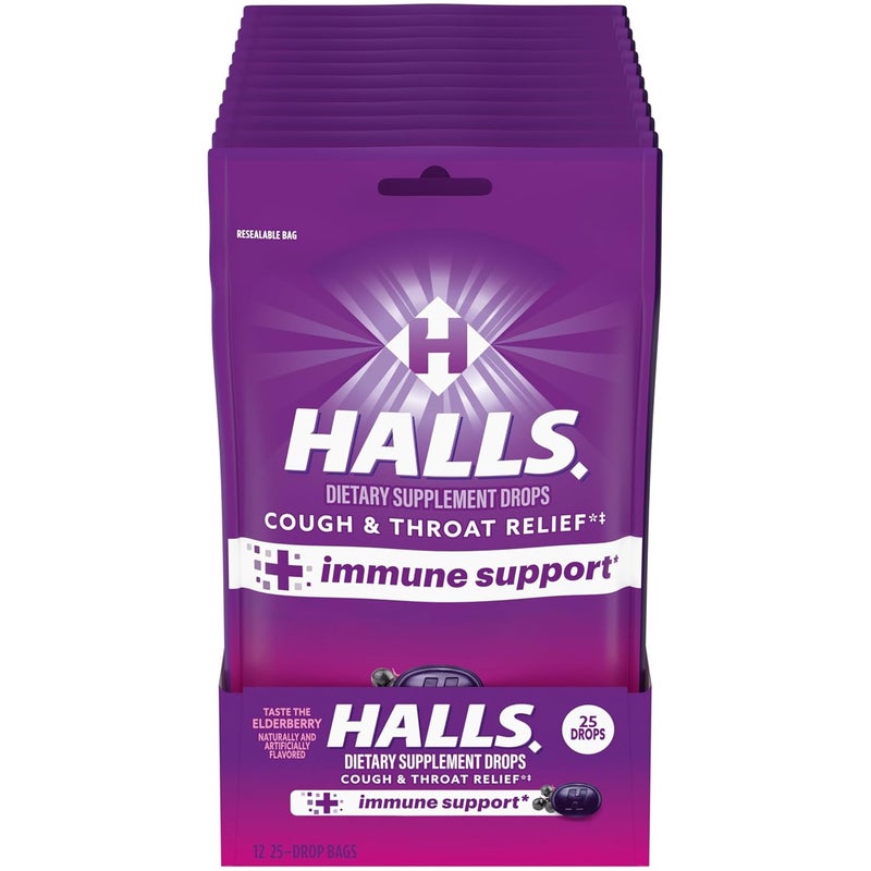 Halls Halls Cough and Throat Relief + Immune Support Elderberry Cough Drops, 12 Bags of 25 Drops (300 Total Drops) 