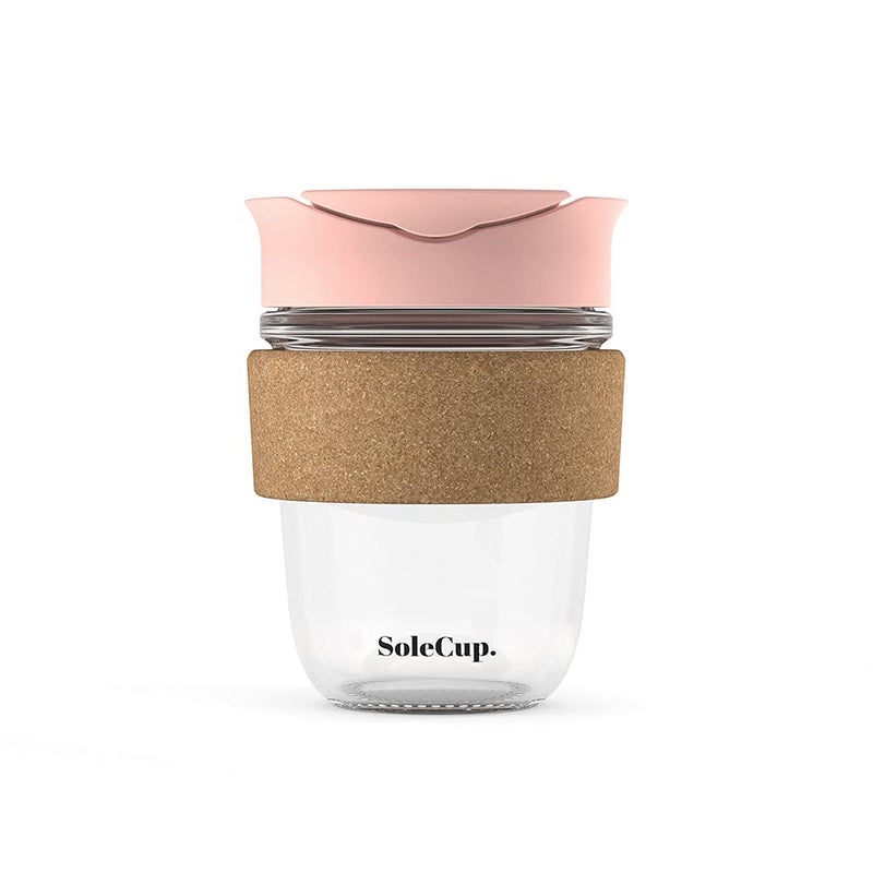 SoleCup. - Reusable Strengthened Glass Travel Cup - Spill Proof Insulated Coffee Mug - 12oz/340ml BPA-Free Hot Drink Travel Mug with Lid & Cork Band (Pink, 12oz) - Image 1
