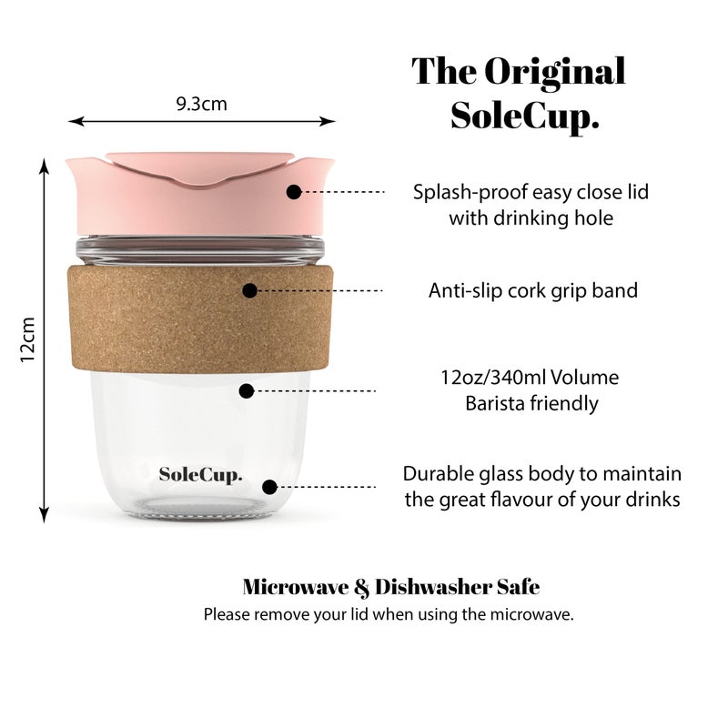 SoleCup. - Reusable Strengthened Glass Travel Cup - Spill Proof Insulated Coffee Mug - 12oz/340ml BPA-Free Hot Drink Travel Mug with Lid & Cork Band (Pink, 12oz) - Image 2
