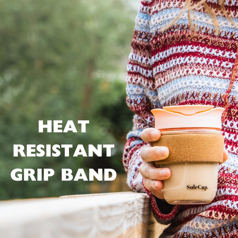 SoleCup. - Reusable Strengthened Glass Travel Cup - Spill Proof Insulated Coffee Mug - 12oz/340ml BPA-Free Hot Drink Travel Mug with Lid & Cork Band (Pink, 12oz) - Image 3