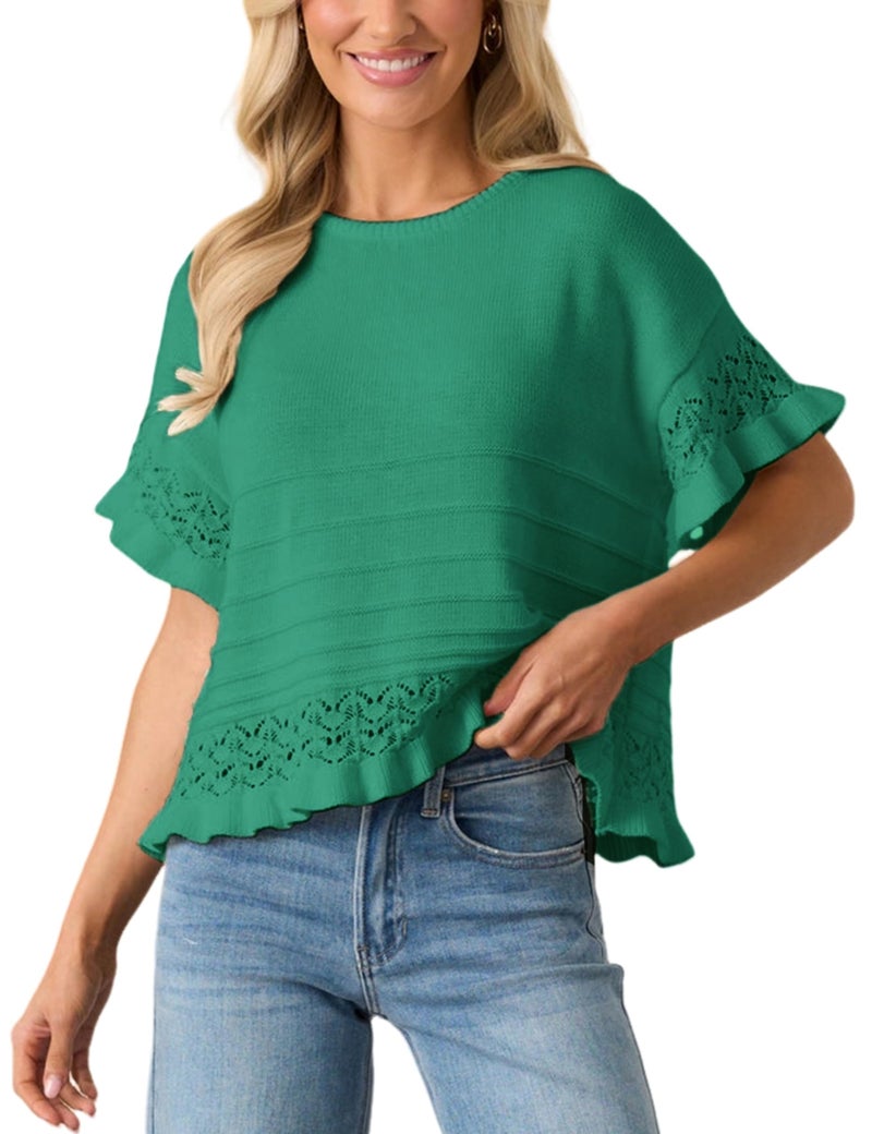 Yeokou Womens Short Sleeve Sweater Round Neck Ruffled Hem Knit Crochet Pullover Summer Fall Casual Top Blouse(Green-L) - Image 2