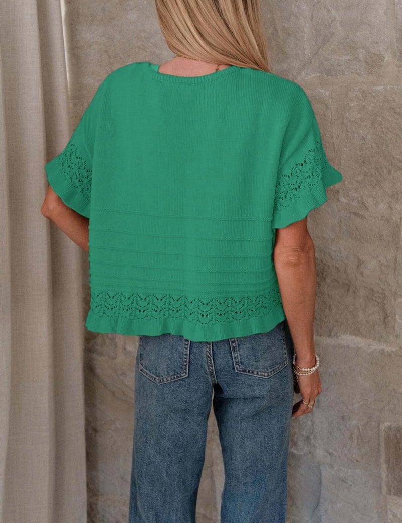 Yeokou Womens Short Sleeve Sweater Round Neck Ruffled Hem Knit Crochet Pullover Summer Fall Casual Top Blouse(Green-L) - Image 4