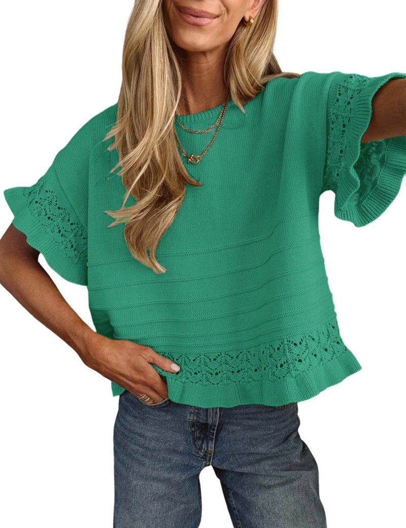Yeokou Womens Short Sleeve Sweater Round Neck Ruffled Hem Knit Crochet Pullover Summer Fall Casual Top Blouse(Green-L) - Image 1