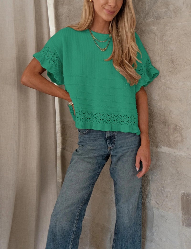Yeokou Womens Short Sleeve Sweater Round Neck Ruffled Hem Knit Crochet Pullover Summer Fall Casual Top Blouse(Green-L) - Image 5