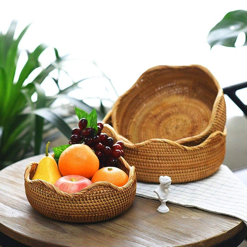 amololo AMOLOLO Handmade Rattan Round Fruit Basket Food Storage Organizer Snack Serving Tray Basket with 3 Deep Wall Boho Decor Display Tray Bowl 3Size Kit