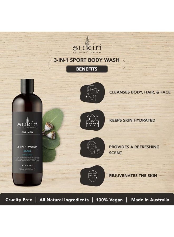 Sukin For Men 3-in-1 Wash Sport 500ml | 3-in-1 Body, Hair & Face Wash for Men | For Clean, Fresh & Refreshed Skin & Hair | Sport Active Natural Formula | 100% Vegan & Cruelty-Free | 500ml - Image 2
