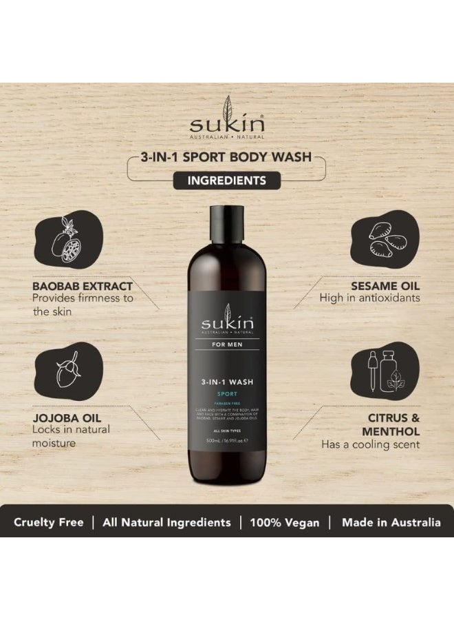 Sukin For Men 3-in-1 Wash Sport 500ml | 3-in-1 Body, Hair & Face Wash for Men | For Clean, Fresh & Refreshed Skin & Hair | Sport Active Natural Formula | 100% Vegan & Cruelty-Free | 500ml - Image 3
