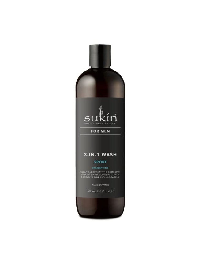 Sukin For Men 3-in-1 Wash Sport 500ml | 3-in-1 Body, Hair & Face Wash for Men | For Clean, Fresh & Refreshed Skin & Hair | Sport Active Natural Formula | 100% Vegan & Cruelty-Free | 500ml - Image 1