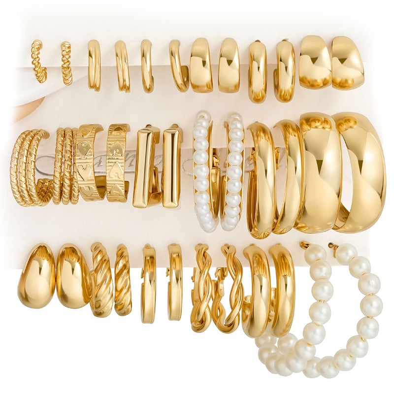 YEEZII Gold Hoop Earrings Set for Women, 18 Pairs Hypoallergenic Open Pearl Hoops Earring pack, Gold Statement Hoop Earrings for Women Trendy Jewelry - Image 1