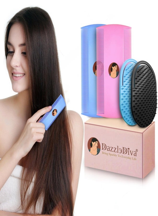 DazzleDiva 4 Pcs Hair Grooming Kit - Double Sided Fine Tooth Lice Comb for Nit Removal - Flexible Scalp Massager Shampoo Brush for Dandruff & Growth - Portable Hair Care Set for Kids, Adults & Pets 4Pcs - Image 1