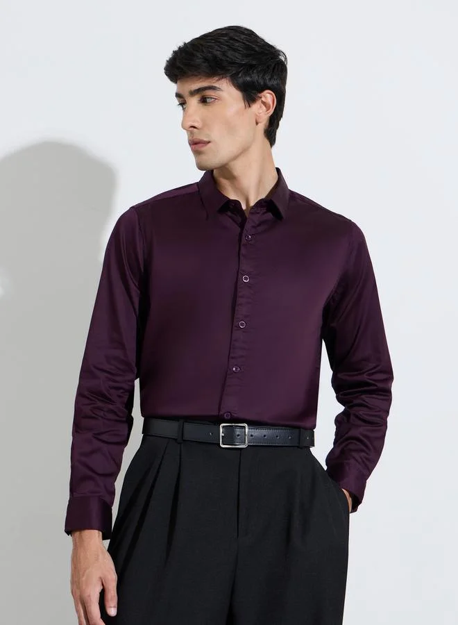 Styli Maroon Solid Long Sleeves Satin Slim Fit Shirt