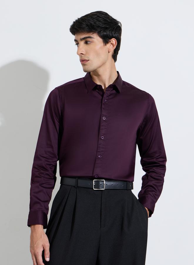 Styli Maroon Solid Long Sleeves Satin Slim Fit Shirt - Image 1
